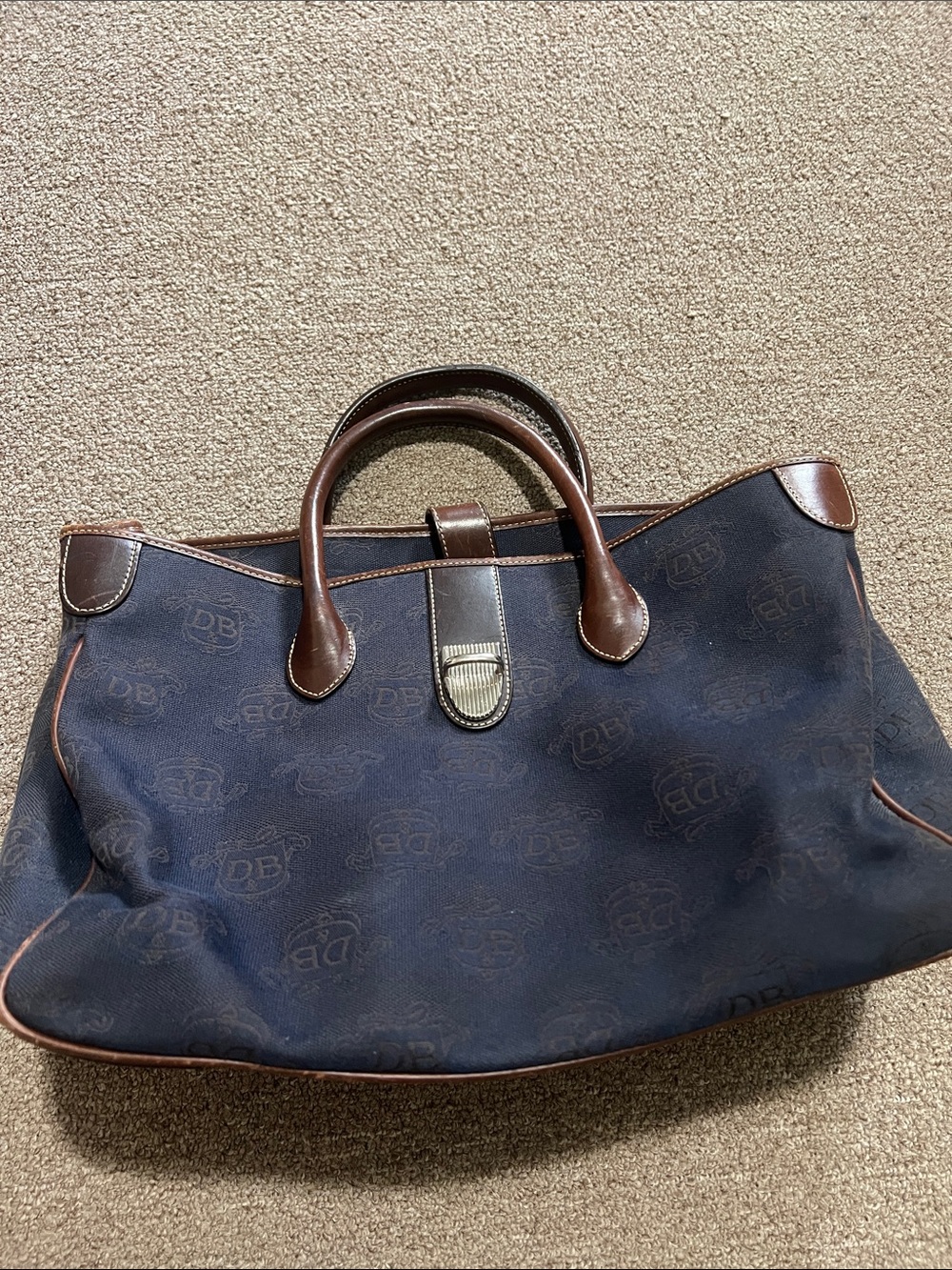 Dooney & Bourke Navy Canvas Duffel with Brown Leather Trim